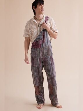 Striped Multicolor Earthy Cross-Back Romper Hippie Jumpsuit in Burgundy and Gray